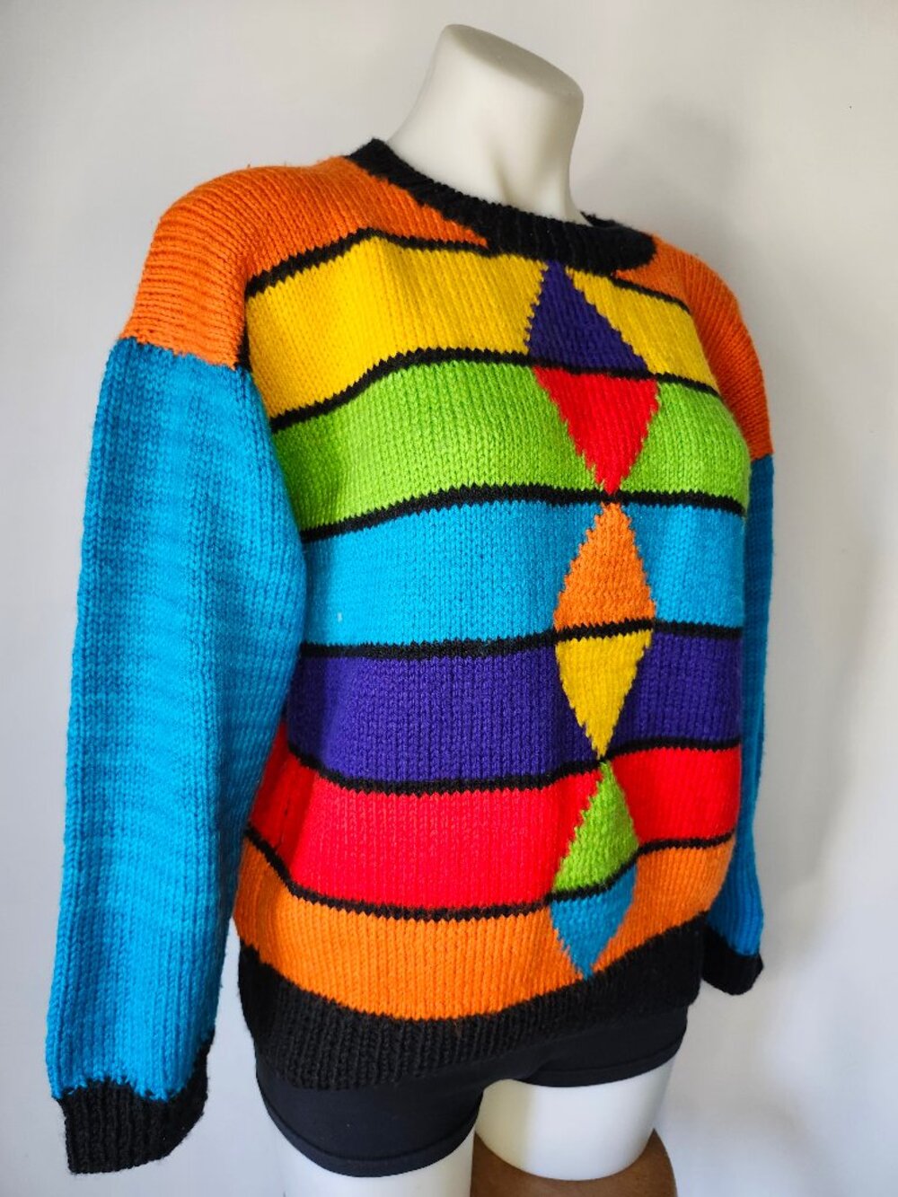 Funky Bright Multi-colour Handmade Knit Sweater w Stripes + Diamonds